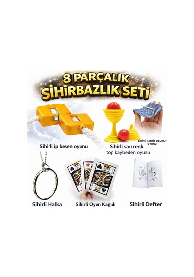 8 Li Sihirbazlık Seti Kibrit, Defter, Halka, Kupa, İp, 3 Lü Kart +0