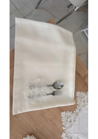 Sofra Takımı Mimoza Gardenya Keten Yemek Takımı 160x220 Masa Seti 26 Parça Runner Set Krem