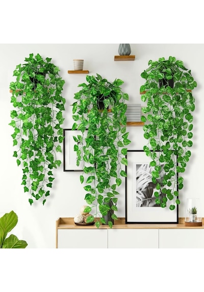 Yapay Çiçek 3lü Set Saksıda Sarkan Sarmaşık Hedera Oval Ve Yuvarlak Yapraklı Modeller