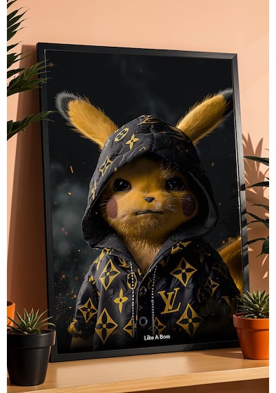 Pikachu Like A Boss Motivasyon Tablosu Lüks Tasarım Finans Serisi Çerçeveli Ofis Duvar Dekoru Siyah