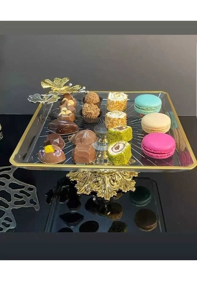 Elta Collection Gold Kelebek Detaylı Şık Ayaklı Kare Sunumluk Ikramlık Kurabiyelik Şeffaf