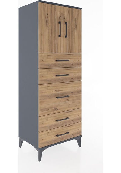 Hyperion Dolap 2 Raflı 5 Çekmeceli 2 Kapaklı 60x44x163 Antrasit-çam Antrasit