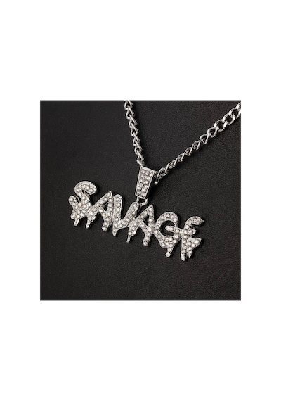 Lunarie Savage Yazılı İced Out Kolye Gümüş Renk Zirkon Taşlı