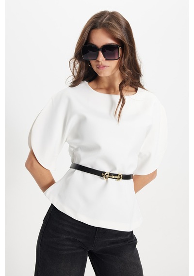 Tudors Kadın Slim Fit Dar Kesim Kol Detaylı İnce Kemerli Fermuarlı Beyaz Bluz Gömlek-50759