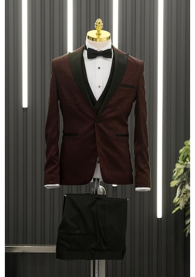 Slimfit Skinny Kesim Şal Desenli Sivri Sabit Yaka Yelekli Papyonlu Smokin Takım Elbise 001
