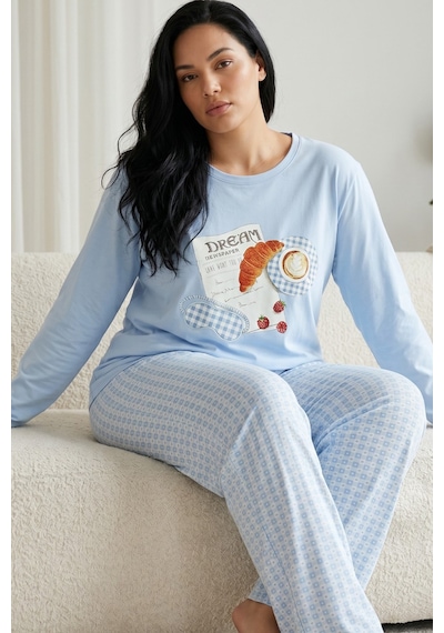 Siyah İnci Pamuklu Likralı Büyük Beden Battal Boy Örme Pijama Takım26240878 mavi
