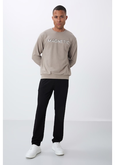Tommy Life Camel Yazı Nakışlı O Yaka Rahat Form İçi Polarlı Erkek Sweatshirt - 88020 CAMEL