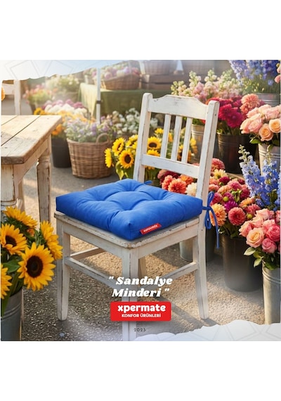 Pofuduk Sandalye Minderi Bağcıklı 40x40 Cm Yıkanabilir Dekoratif Mutfak Bahçe Piknik Minderi Mavi
