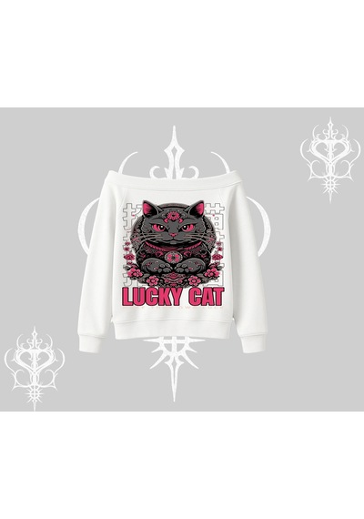 Lucky Cat Japon Tarzı Kedi Baskılı Kayık Yaka Sweatshirt Beyaz