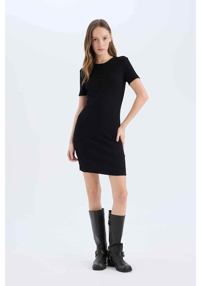 DeFacto Coool Bodycon Vücudu Saran Bisiklet Yaka Fitilli Kaşkorse Kısa Kollu Mini Elbise E7231AX25SPBK81