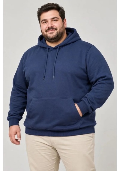 DefyModa Erkek Battal Büyük Beden Üç İplik İçi Şardonlu Kapüşonlu Kanguru Cepli Kışlık Sweatshirt - Lacivert