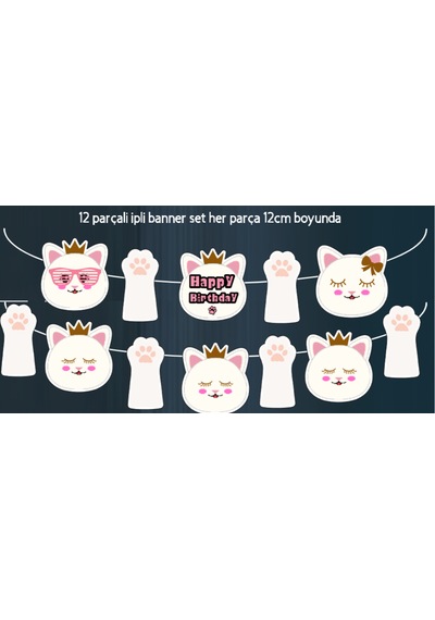 32 Parça Kedi Beyaz Sevimli Kedi Doğum Günü Seti Banner +pasta Kürdanı+ Cupcake Süsü Seti +0
