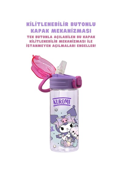 Wiggle 500ml Kuromi Temalı Lisanslı Yumuşak Silikon Pipetli Kulplu Kilitlenebilir Su Matarası Pembe-mor 0