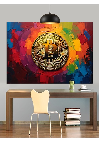 Renkli Fonda Bitcoin Sembolü Dekoratif Kanvas - Mdf Ahşap Tablo