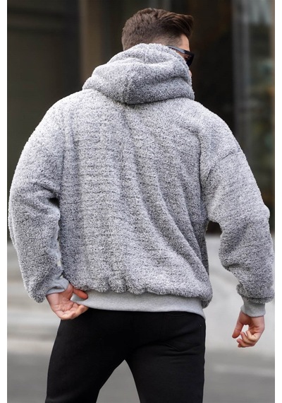 Madmext Gri Peluş Over Fit Kapüşonlu Fermuarlı Erkek Sweatshirt 6049 Gri