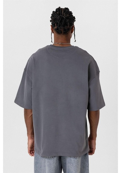Vamos Basic Oversize Bisiklet Yaka Tişört Füme