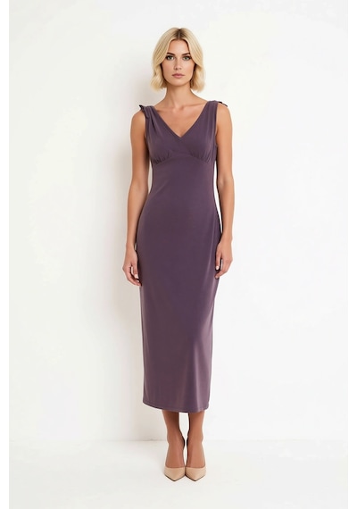 Benerly Kadın Kolsuz V Yaka Bodycon Maxi Elbise Modal Kumaş Bağlama Detay Mürdüm