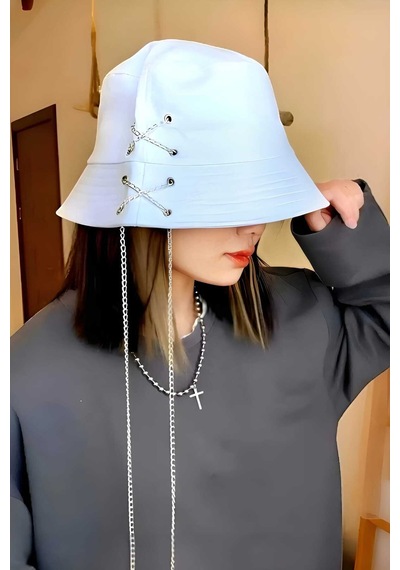 Tezzgelsin Unisex K Pop Tasarım Zincirli Bucket Şapka Beyaz