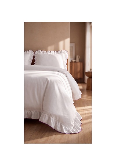 %100 Pamuk Overloklu Fırfırlı Çift Kişilik Nevresim Takımı Lastikli Çarşaflı 200x220 Cm Mor - 904804703 Mor