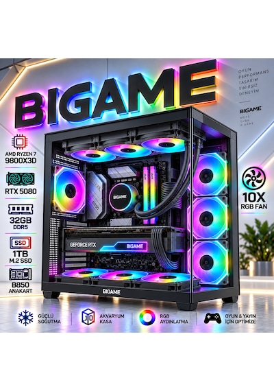 Bigame APOLLON V2 R7-9800X3D 16 GB 32 GB 1 TB M2 SSD RTX5080 Free Dos Masaüstü Oyuncu Bilgisayarı
