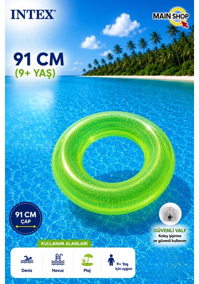 Mainshop Intex Fosforlu Neon Büyük Boy Deniz Simidi 91 Cm 9+ Yaş Yetişkin - Çocuk Havuz Simidi M- 59262