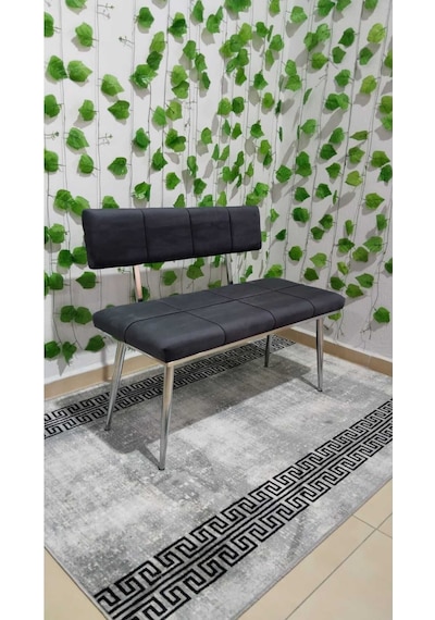 Özcan Metal Krom Metal Ayaklı Bench Sırtlı Mutfak Salon Antre Yatak Odası Puf Bank Oturak Takımı Antrasitgri