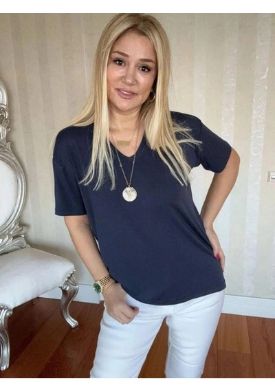 Defymoda Kadın Kısa Kollu V Yaka Bluz Lacivert
