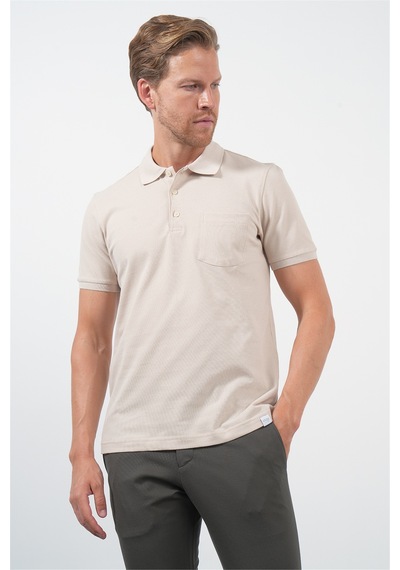 Bej Polo Yaka Kısa Kol Cepli Comfort Fit Pamuklu Tişört 1011260155