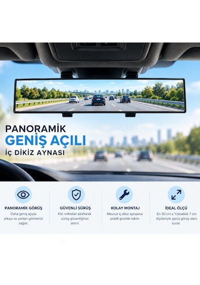 Panoramik Geniş Açılı İç Dikiz Aynası Makaslı 30 Cm X 7 Cm