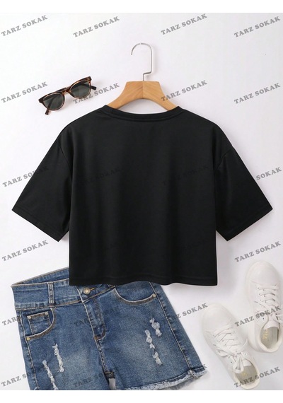 Flood Of Style Crop Ckod-232913 Kalpli Ve Sloganlı Grafik Kısa Siyah