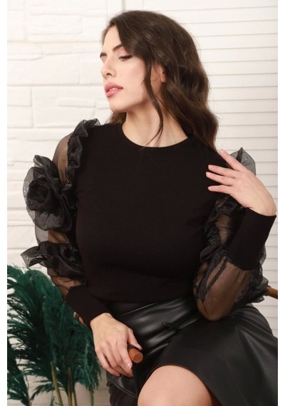 Defymoda Siyah Kolları Organze Detaylı Bluz Siyah