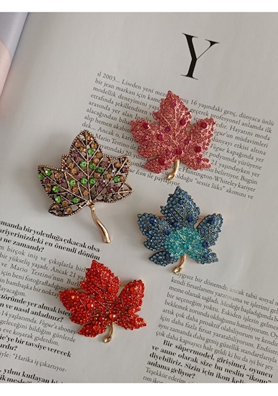 Zirkon Taşlı Çınar Yaprağı Broş, Kadın Yaka İğnesi Pembe