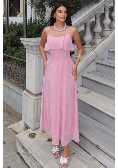 Kechi Woman Şifon Astarlı Puantiyeli Askılı Elbise Pembe