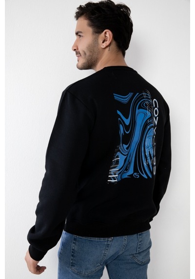 Erkek Siyah Renk Kapşonsuz Baskılı Sweatshirt Siyah