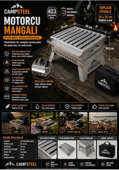 Campsteel Campsteel "motorcu Mangal" 1.2 Mm Paslanmaz Çelik Katlanır Mangal Seti 25x25 Cm Gri