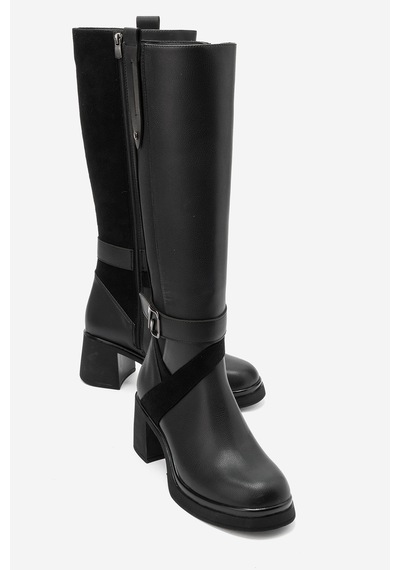 Luvi Shoes Cube Siyah Cilt Süet Tokalı Kadın Kalın Topuklu Çizme