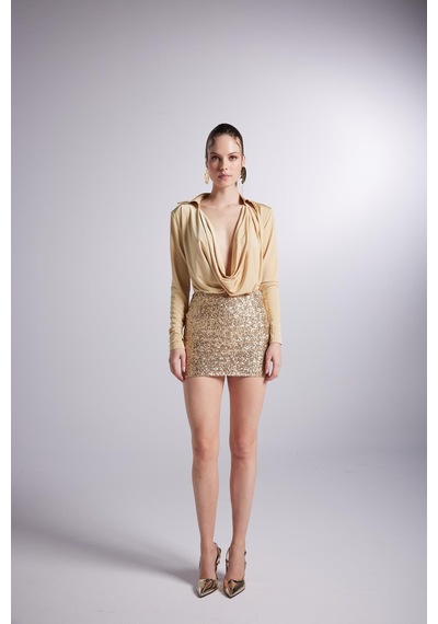 Holly Lolly Degaje Yaka Dekolteli Çıtçıtlı Taylor Bodysuit Gold