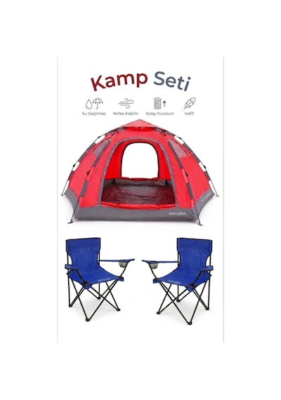 Kamptek Otomatik Kurulum Altıgen 6 Kişilik Kamp Çadırı Ve 2 Adet Kamp Sandalyesi Seti - Su Geçirmez Kırmızı Çadır Seti 240 240 160 Mavi Kamptek Otomatik Kurulum Altıgen 6 Kişilik Kamp Çadırı Ve 2 Adet Kamp Sandalyesi Seti - Su Geçirmez Kırmızı Çadır Seti 240 240 160 Mavi