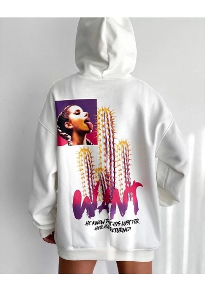 Mbb E-ticaret Kadın Oversize Kapüşonlu Cepli Want Baskılı 3 İplik Pamuklu Hoodie Sweatshirt - Beyaz