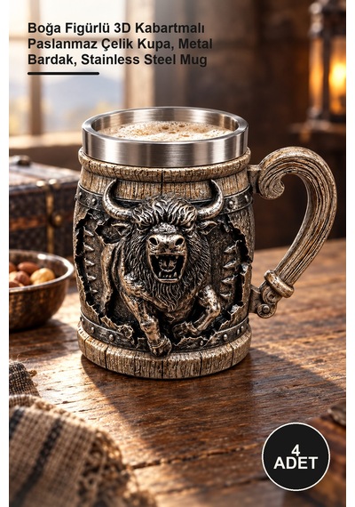 4 Adet Kadeh Kupa Boğa Figürlü 3d Kabartmalı Paslanmaz Çelik Kupa, Metal Bardak, Stainless Steel Mug altın