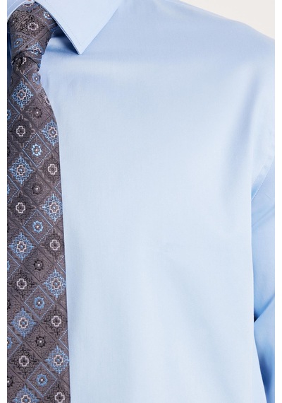 Tudors Erkek Slim Fit Premium Likralı Pamuk Saten Mavi Gömlek-35741 Mavi