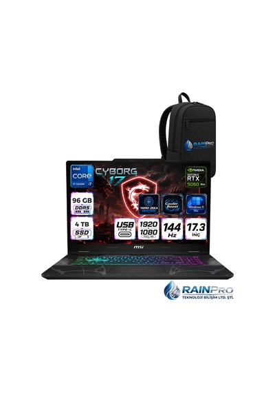 MSI Cyborg 17 B13WFKG-210XTRRNP32 i7-13620H 96 GB 4 TB SSD 8 GB RTX5060 17.3" W11P Dizüstü Bilgisayar + Çanta