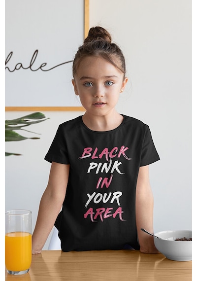 Sevbano Unisex Black Pink In Your Area Yazılı Müzik Grubu Çocuk Tişört 1 Siyah