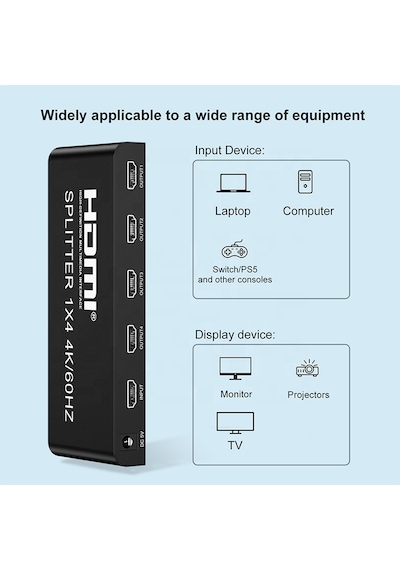 Lunatic 8056 4 Port Çoklayıcı 1x4 Hdmı 2.0 Splitter 4k 60hz 1 Giriş 4 Çıkış 4 Port Uhd Yüksek Hızlı Sinyal Dağıtıcı Monitör Projektör İçin 3d Hdcp Desteği