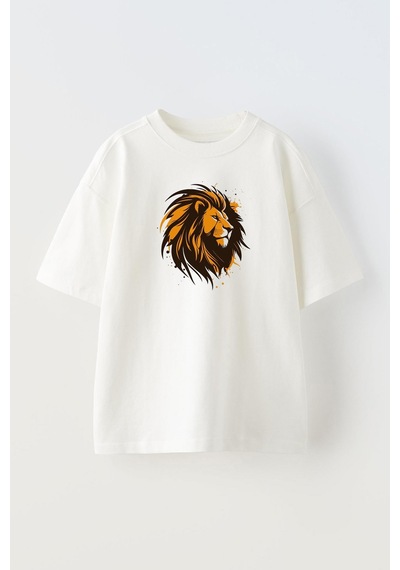 Thewert Unisex Lion Head Tasarım Baskılı Pamuk Beyaz Oversize T-shirt