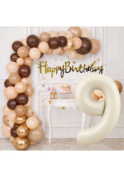 9 Yaş Pompa Hediyeli Doğum Günü Seti Banner Gold Kahverengi Kum Beji Ten Rengi Balonlar Krem Rakam Çok Renkli