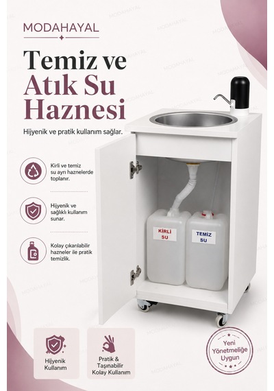 Mobil Lavabo Seyyar Lavabo Yeni Yönetmeliğe Uygun Model Şarjlı Elektronik Musluklu Çift Su Hazneli 360 Tekerlekli Paslanmaz Evyeli Beyaz