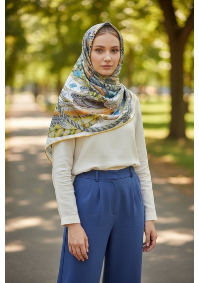 Deserto Fashion Saf İpek Twill Eşarp - Özel Tasarım Tok Duruşlu 90x90-1684 Çok Renkli