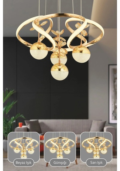 Kumandalı 3 Renk Işık Özellikli Modern Gold Kaplama Sarkıt Led Avize Salon Avize Gümüş