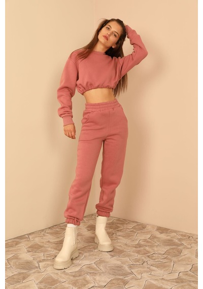 Kaktüs Moda Şardonlu 3 Iplik Kumaş Uzun Kol Kadın Sweatshirt Pemb